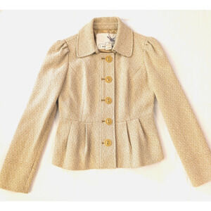 Anthropologie Tabitha Flecked Wool Blend Peplum Jacket Womens 2 Cream Gold Tweed